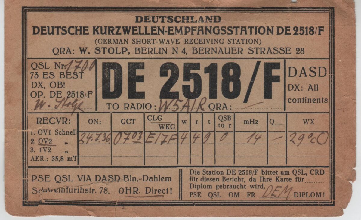 1936 Shortwave Listener QSL card