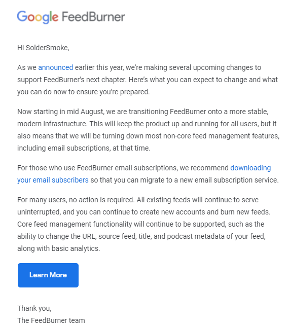 No More Automatic E-mails from the SolderSmoke Blog